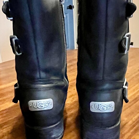 UGG Wilcox Water Resistant Black Leather Wool Lining Biker-Style Boots Size 7 - Picture 6 of 7
